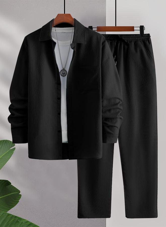 Take Two Men Black Textured Shirt and Pants Co-Ords - Image 1